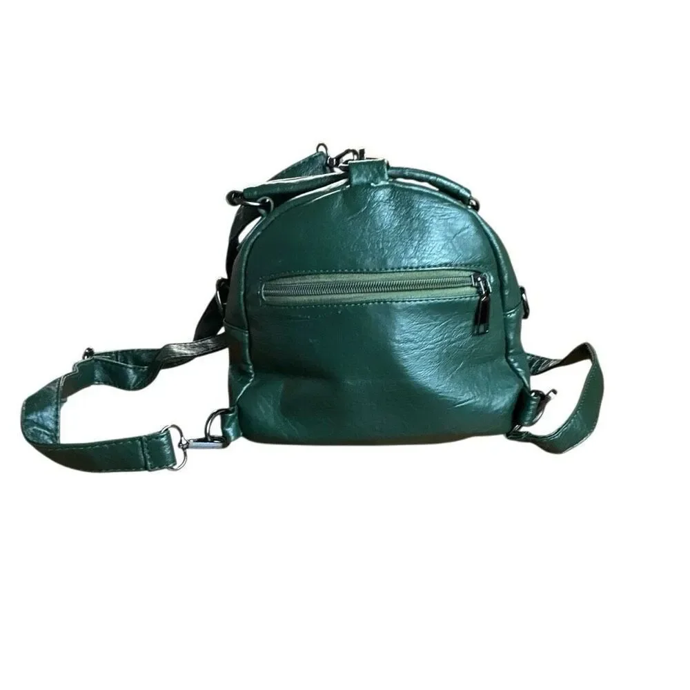 Mini Green Backpack Crossbody Convertible Bag Multi Pocket Faux Leather